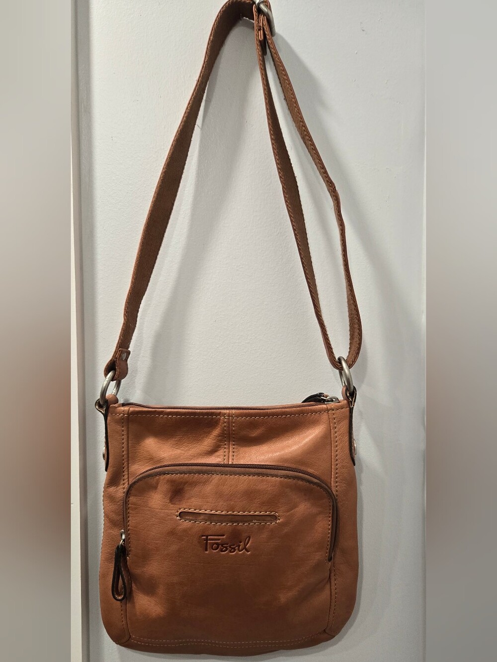 Fossil Hanover Cognac Brown Genuine Leather Crossbody Messenger Bag